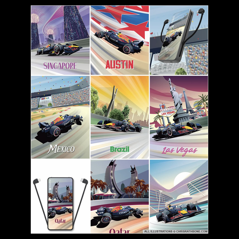 Mophie x Red Bull Racing Power Pack illustrations by Chris Rathbone