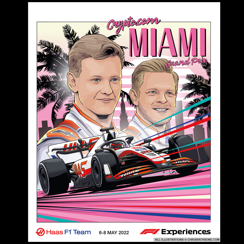 F1 Experiences Miami GP HAAS F1 Race poster Illustrations by Chris Rathbone