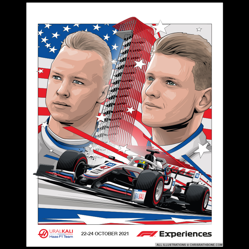 HAAS F1 COTA US GP Race poster Illustrations by Chris Rathbone
